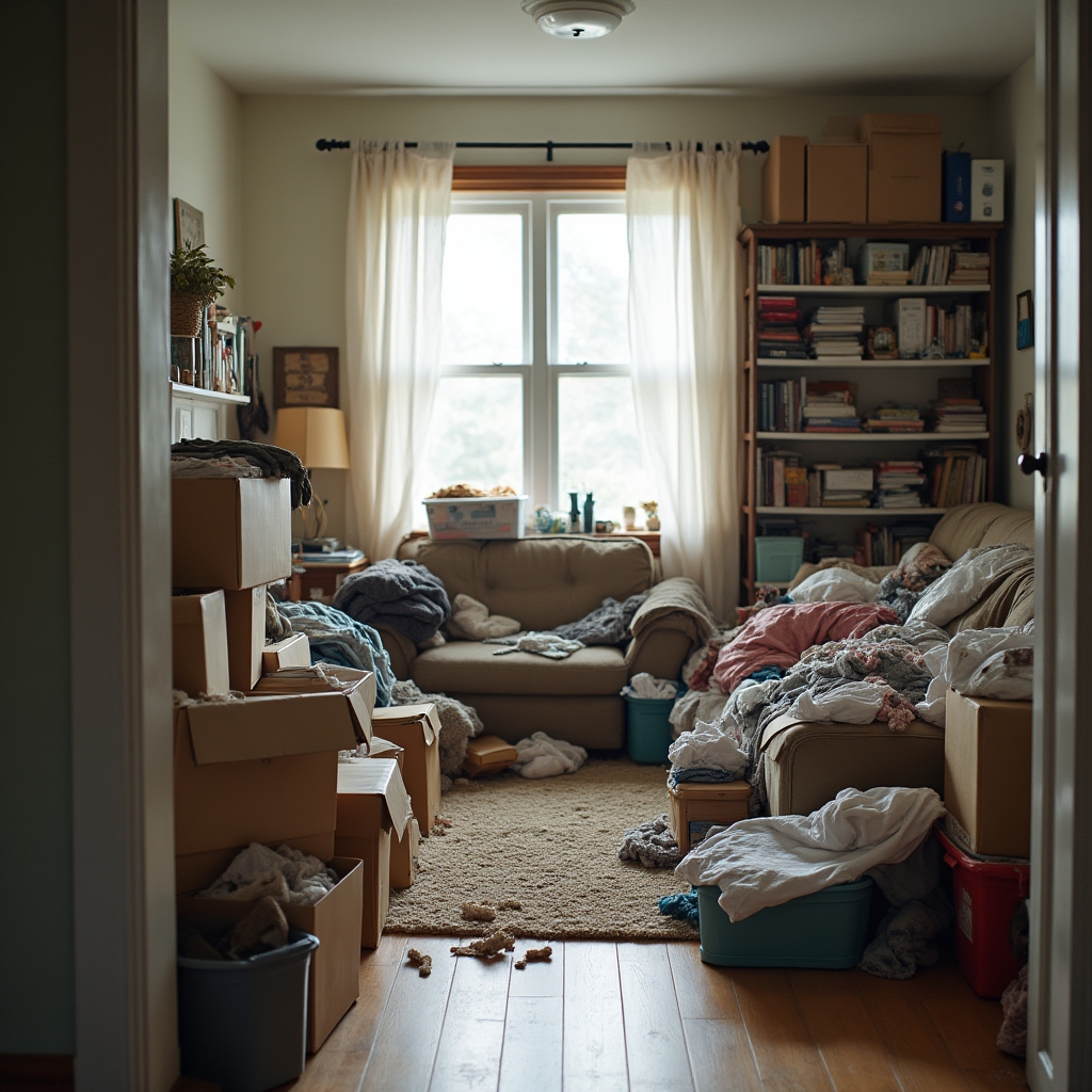 A cluttered living room with boxes and disorganized belongings piled on surfaces