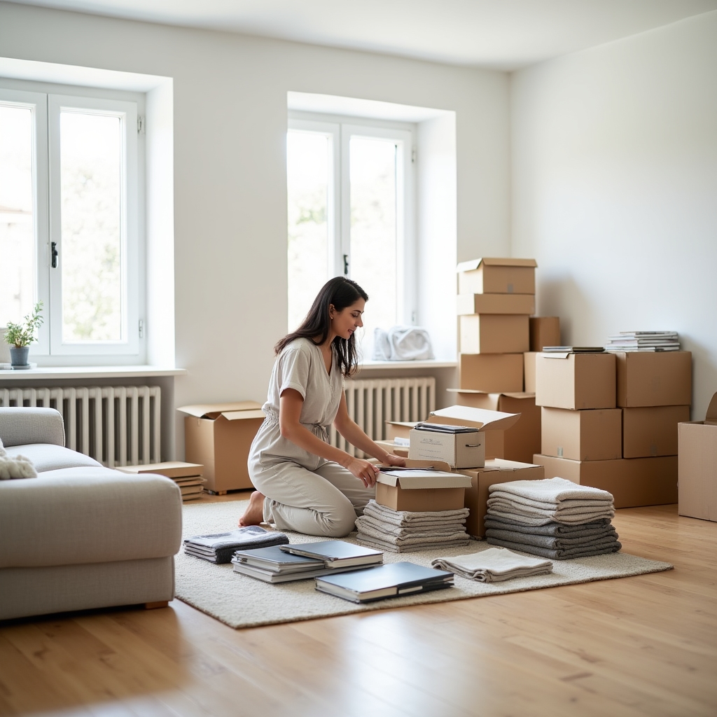 Cardboard moving boxes being unpacked and organized in a bright empty living room during a move-in