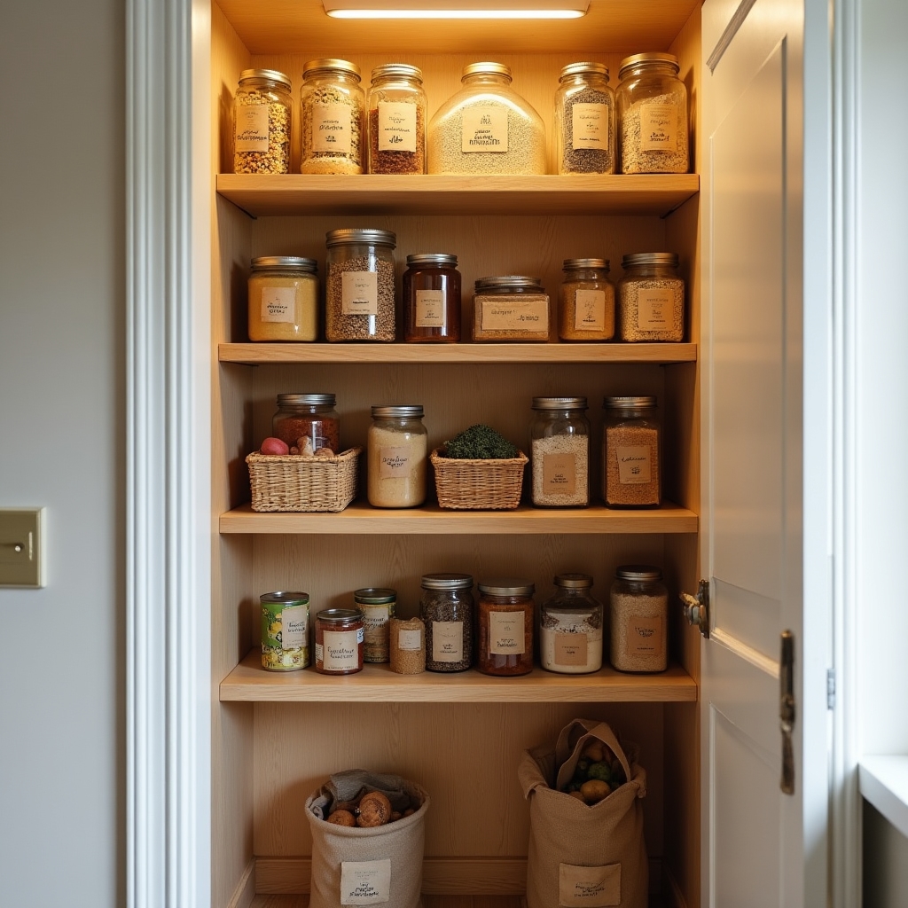 A well-organized pantry with clearly arranged food items, labeled containers, and clear shelving