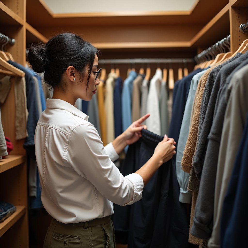 A professional organizer carefully sorting and categorizing clothing items in a walk-in closet